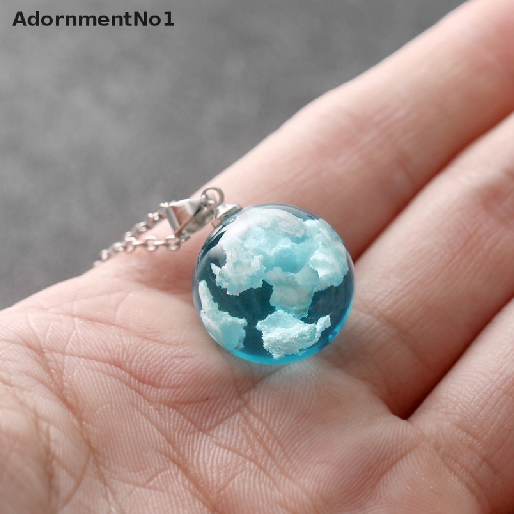 (AdornmentNo1) Kalung Rantai Dengan Liontin Bulan + Bola Resin Motif Langit Biru + Awan Putih Untuk Wanita