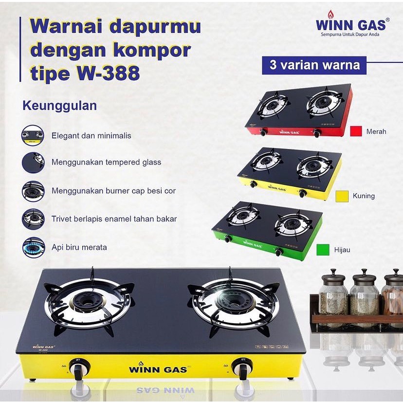 Winn Gas Kompor Gas 2 Tungku Lapis Kaca W-388 &amp; Paket Kompor Selang Regulator W88/W900