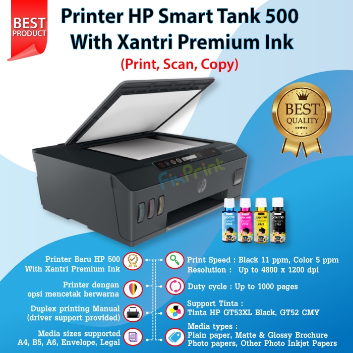 Printer HP Smart Tank 500 Print Scan Copy 4SR29A Tinta HP GT53 GT52