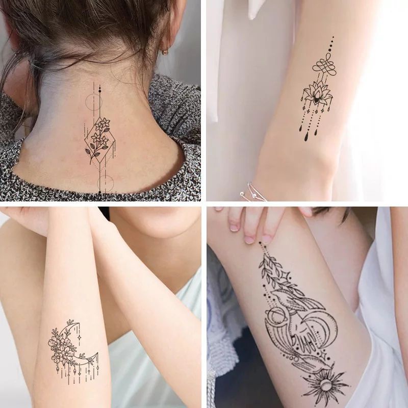 Tatto temporer Teratai Bulan bunga black ink / Temporary tattoo sticker Teratai Moon flower black ink Tahan air