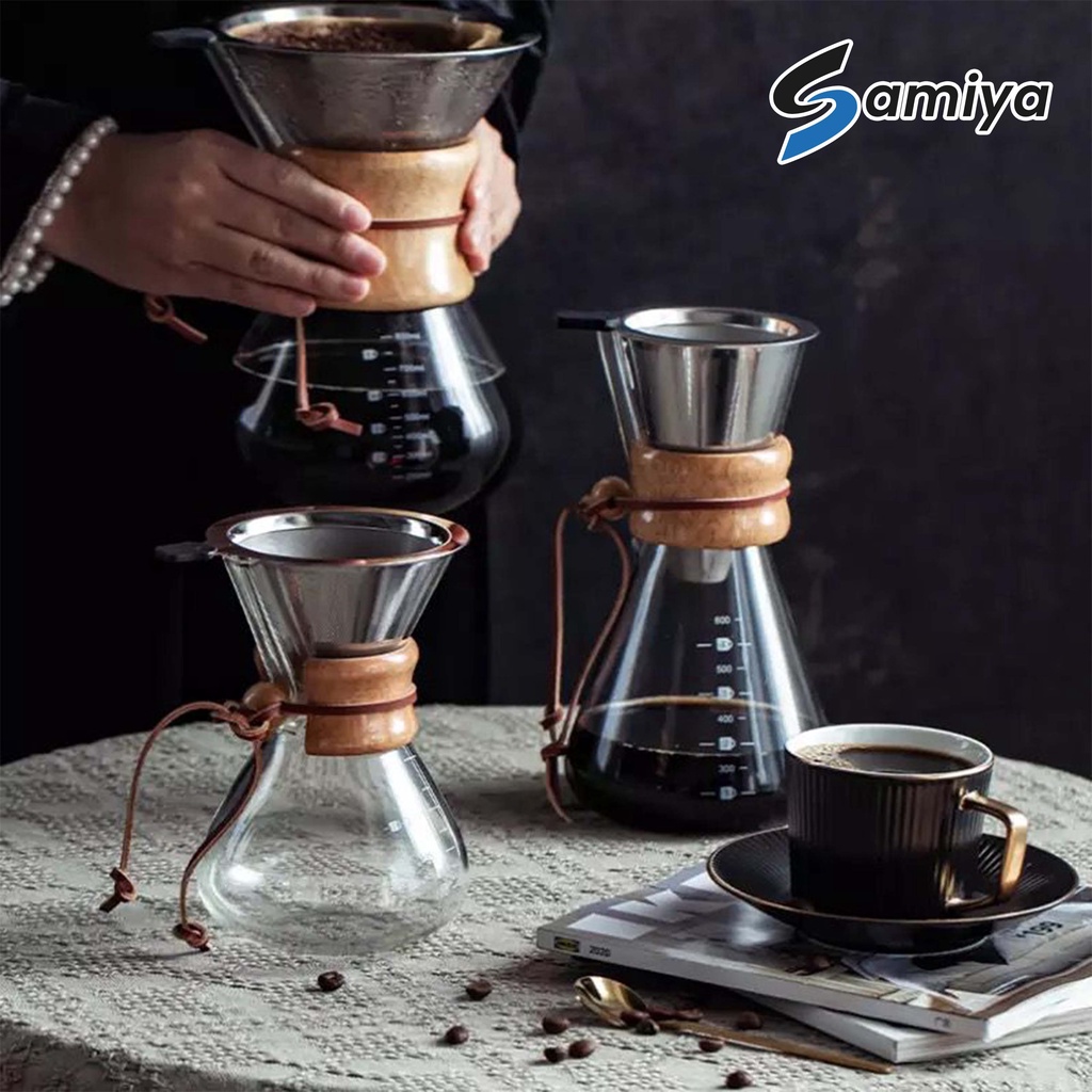 chemex coffee pot 600ml wooden handle FREE saringan filter stainless / teko kaca server kopi gagang kayu borosilicate glass heat resistant tahan panas dingin