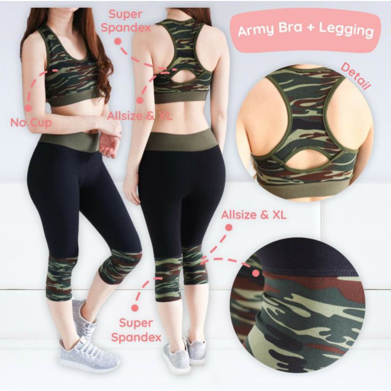 Army set legging/ baju setelan olahraga wanita/ senam aerobik zumba yoga fitnes filates murah Yuksho
