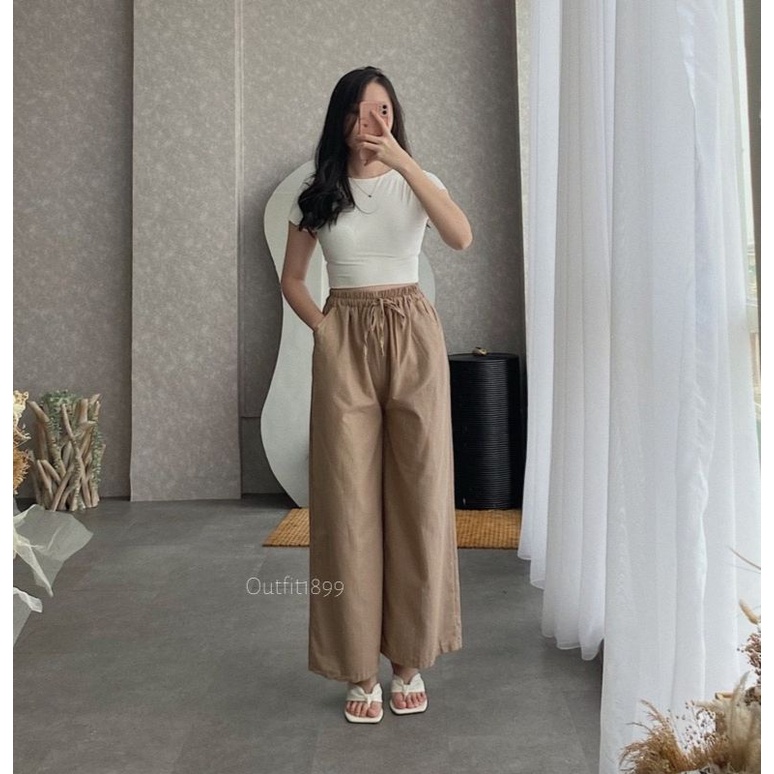 Celana Kulot Linen Highwaist Pinggang Karet Wide Leg Cullote 552