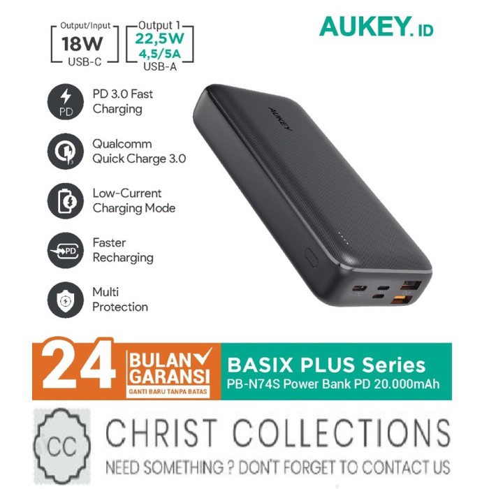 AUKEY POWERBANK FAST CHARGING PD3.0 QC3.0 20000MAH 22,5W PB-N74S