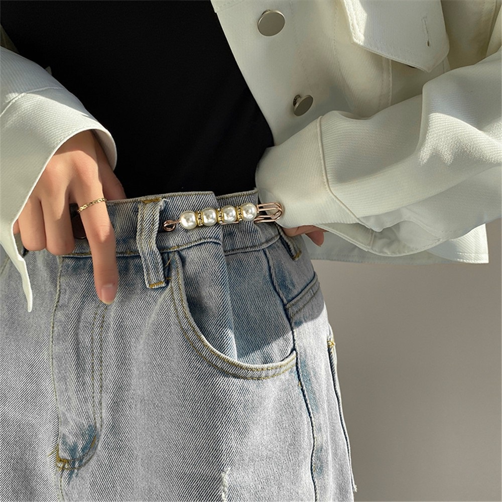 Peniti pengait celana jeans pinggang longgar model bros mata mutiara besar bahan besi alloy untuk aksesoris fashion