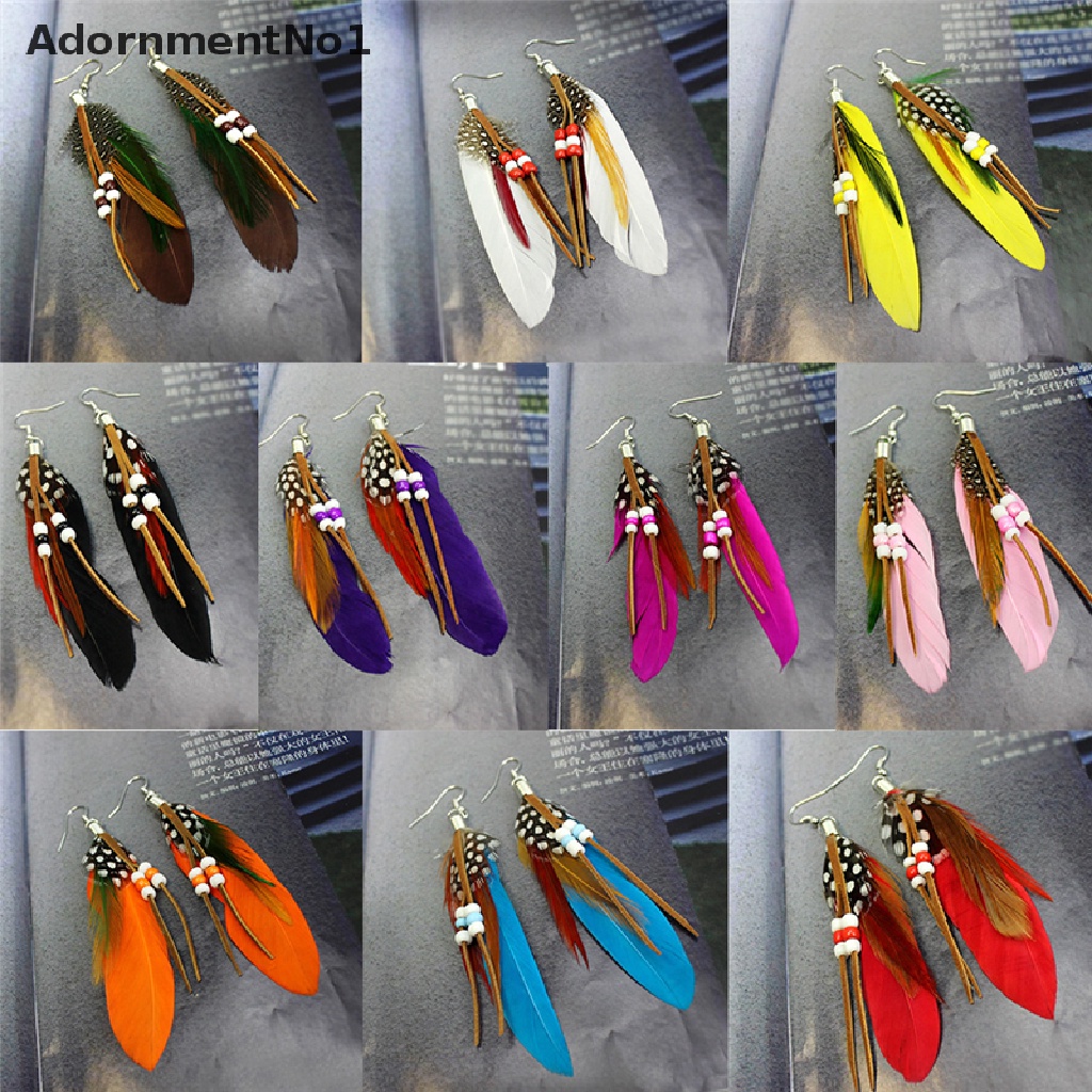 (AdornmentNo1) Anting Gantung Panjang Kait Gaya India Motif Bulu + Manik-Manik Untuk Perhiasan Wanita