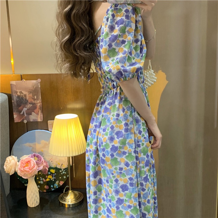 2022 New Fashion Korean Style Chiffon Floral Print Casual Midi Dress Pink Blue Summer Short Sleeve Sexy Off Shoulder Women Beach Bali Dresses 2023t