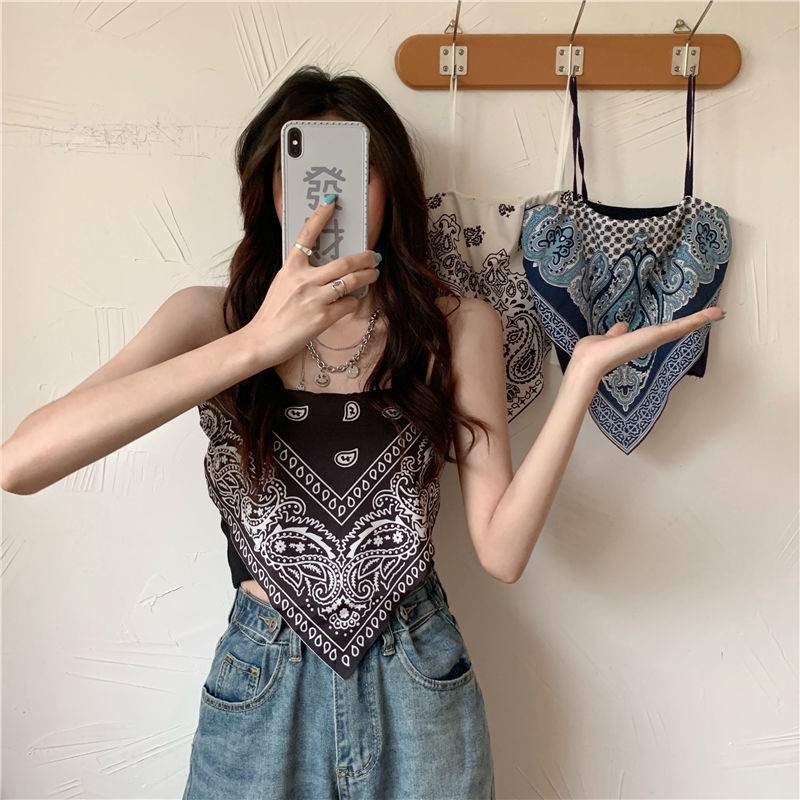 2022 New COD Satin Wanita Dasi Kembali Simpul Tali Spaghetti Tank Top Tabung Tak Berlengan Tank Top Model Crop Top Motif Hailey Scarf Wanita 2023t