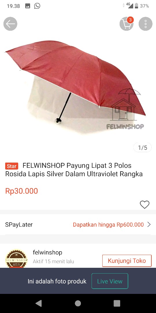 Felwinshop Payung Lipat 3 Polos Rosida Lapis Silver Dalam Ultraviolet Rangka Bagus / Payung Promosi