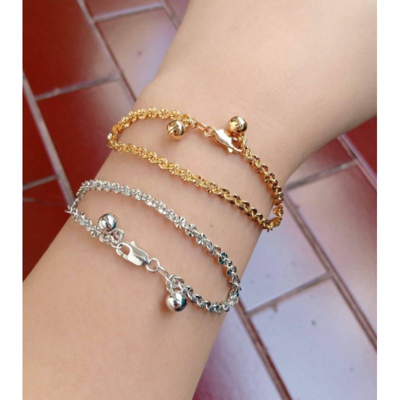 GELANG TANGAN WANITA PERAK 925 ASLI LAPIS EMAS - GELANG SILVER MODEL NORI UKIR + 2 BEL - PERHIASAN GELANG TANGAN SILVER 925 FASHION  WANITA