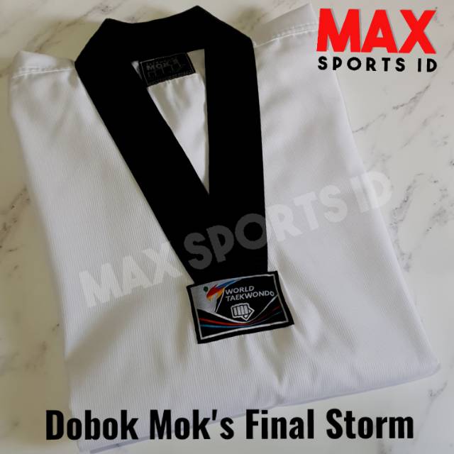 Dobok Moks Final Storm Senior Seragam Taekwondo Kerah Hitam