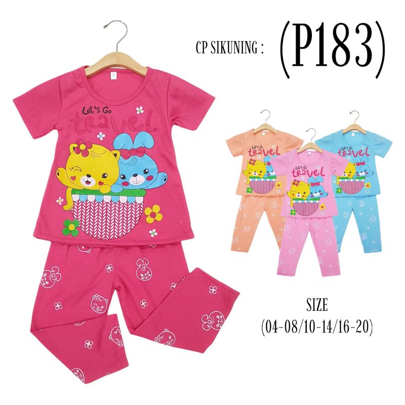 SETELAN SIKUNING PAKAIAN BAJU ANAK PEREMPUAN 2-7 TAHUN MOTIF LEST GO TRAVEL LENGAN PENDEK CELANA PANJANG