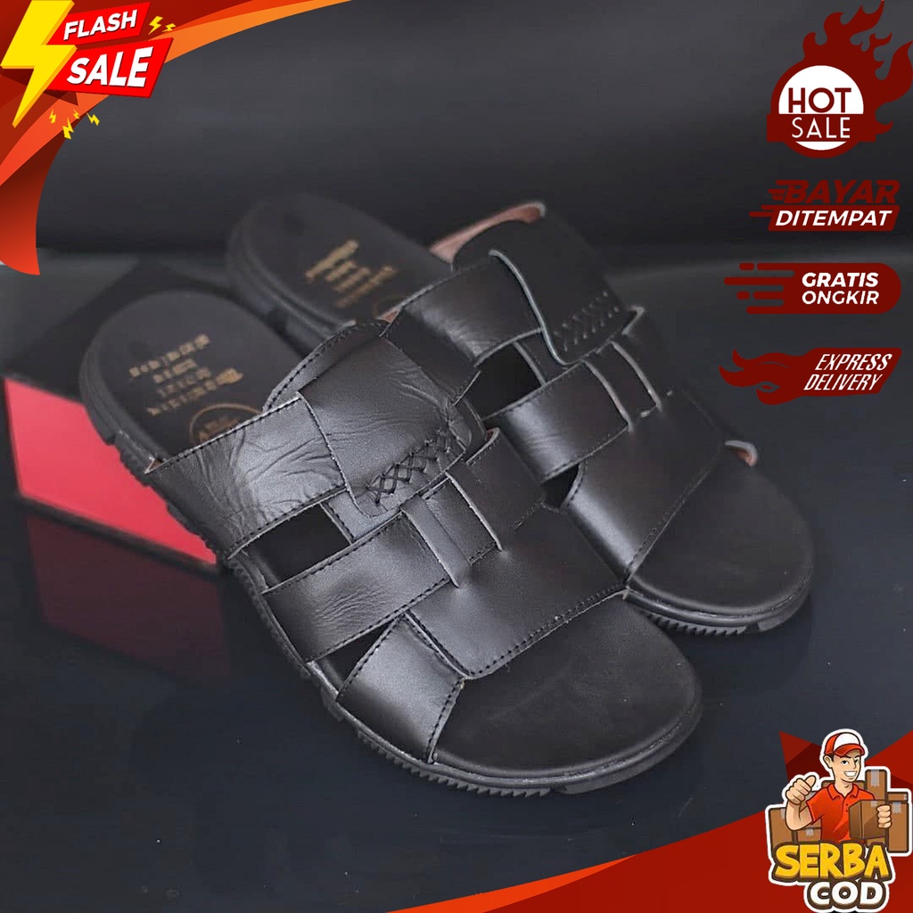 Sandal Casual Slop Tarumpah Pria Kulit Sapi - Sendal Cowok Kasual Kulit 100% Original Brand Nyaman D