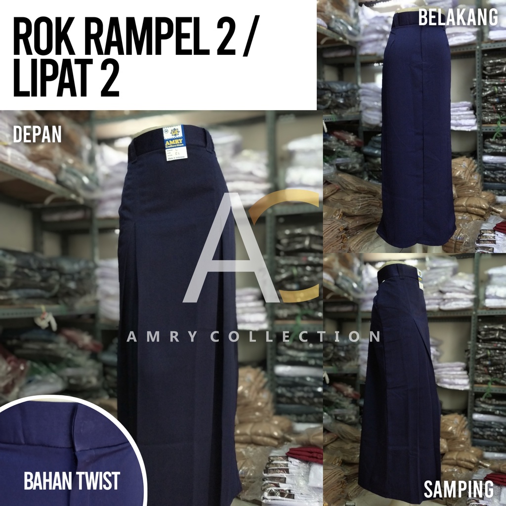 Rok Rempel 2 / Belah 2 SMP Warna Biru Bahan Licin Rok Span Panjang