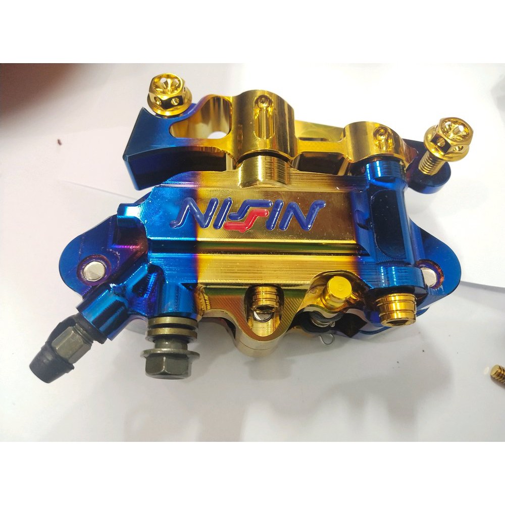 kaliper monoblok nissin two tone set plus breket dan baut gold full cnc beat vario 125 150 110 bea