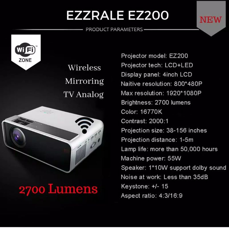 TERMURAH Ezzrale EZ200 Mini Proyektor Wireless Mirroring TV Analog NEW