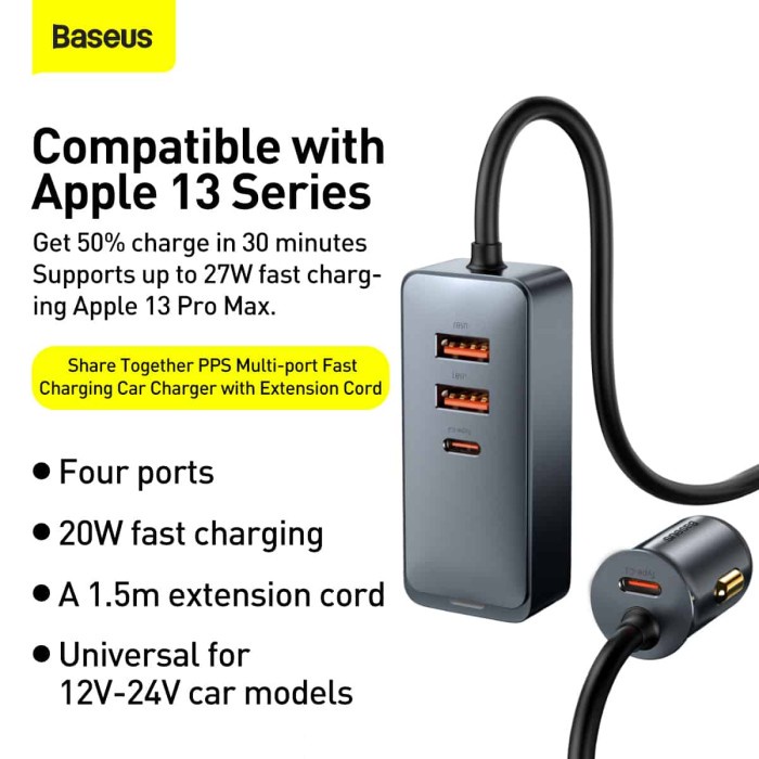 BASEUS 120W Car Charge 4 Port USB Charge QC 3.0 PD 3.0 120W - CCBT