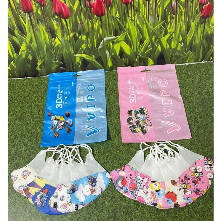 MASKER DUCKBILL ANAK KIDS VIPO 3D BTS/BT21 SERIES BIRU AND PINK - ISI 50 PCS