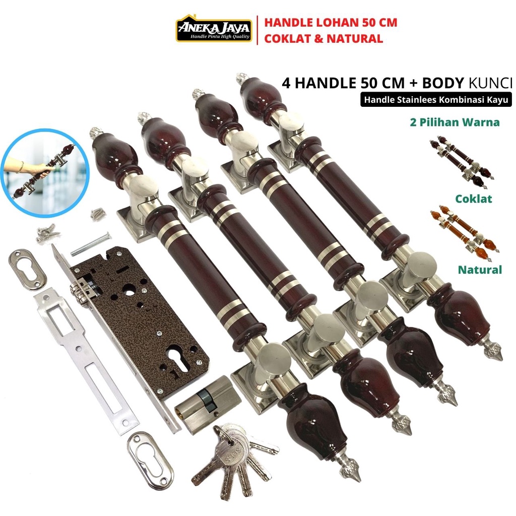 Handle Set Kunci Pintu Panjang 50 cm Gagang Tarikan Pegangan Pintu Rumah Terabaru Bahan Stainlees Warna Coklat Natural Kayu