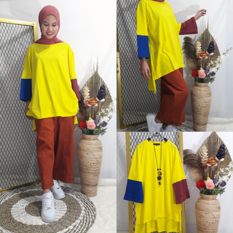 Kaos Oversize Wanita Kuning lemon Lengan Kombinasi