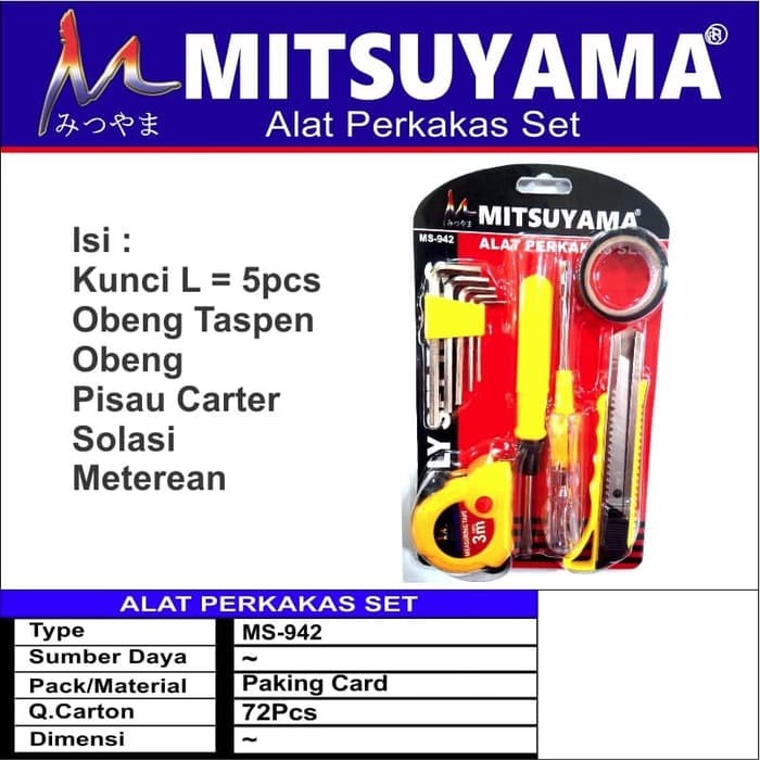 Alat Perkakas Set MITSUYAMA MS-942 kunci L obeng meteran lakban cutter