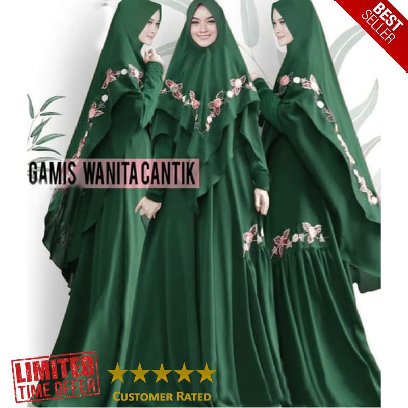 NEW gamis wanita cantik hijau botol Baju Busana Muslim Syari Pesta TM