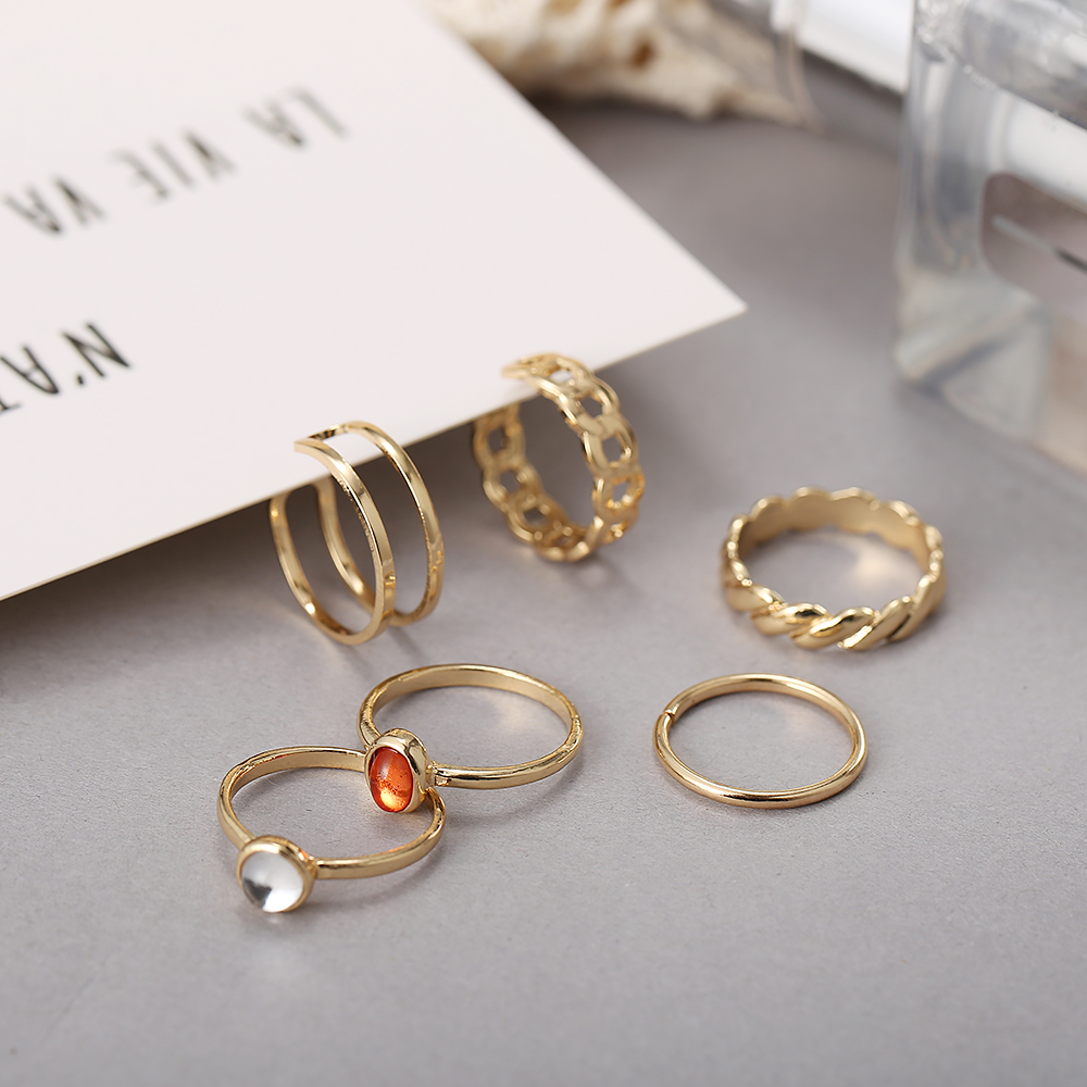 6pcs / Set Cincin Emas Adjustable Hias Batu Akik Gaya Retro