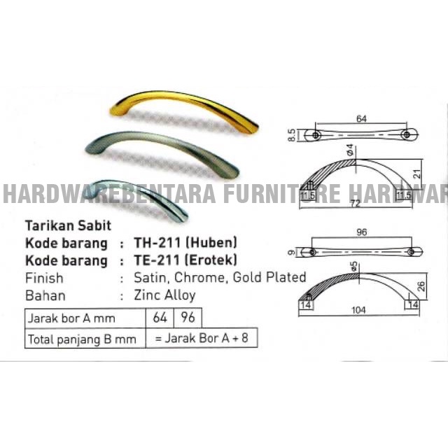 HUBEN TH-211 96 MM - TARIKAN LACI SOLID TARIKAN SABIT PINTU KABINET LEMARI MEJA DRAWER HANDLE ZINC ALLOY CHROME &amp; GOLD