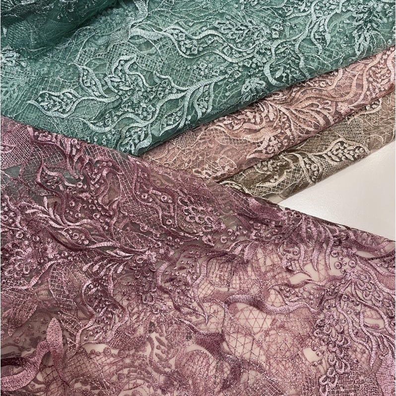 Bahan Kain Tile Brokat Bordir Tebal Tanpa Mutiara untuk Gaun Pengantin Gamis Bridesmaid dan Kebaya