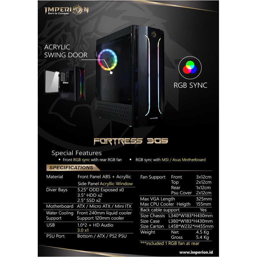 IMPERION CASING PC FORTRESS 305 FREE 1 FAN GAMING CASE PC