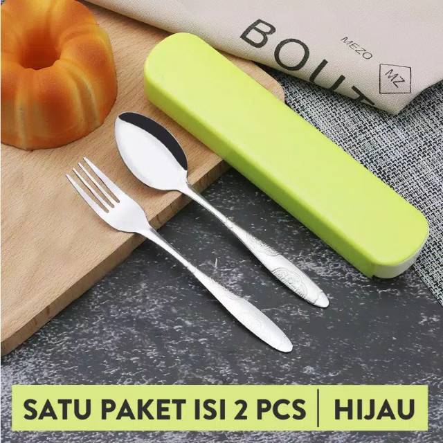 (NCS) Sendok Garpu Kotak Stainless Steel Travel dengan Kotak Biru Hijau Kuning Pink 3 in 1 set isi 3 pcs