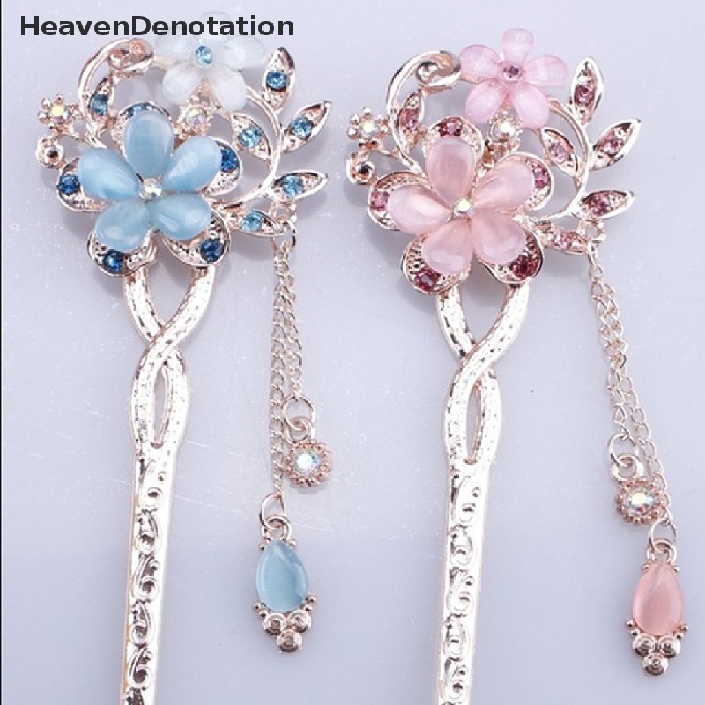 [HeavenDenotation] Cat Eye Stone Hair Pin Double Flower Rhinestone Hair Stick Hair Clip