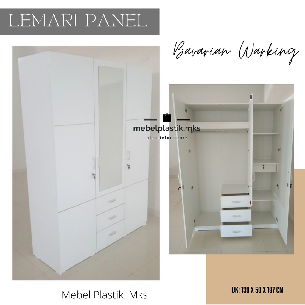 Lemari Besar Gantungan Panel Kayu 3 Pintu Cermin Laci Bavarian Warking