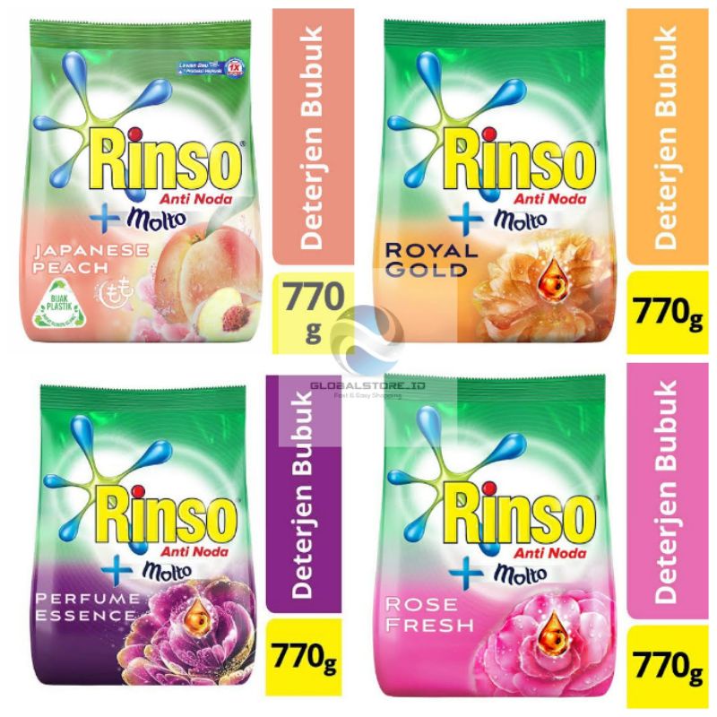 Rinso detergent bubuk royal gold/ japanese peach / rose fresh 770gr / rinso classic 770gr/ so klin softener purple 770/800gr / varian daia 800gr