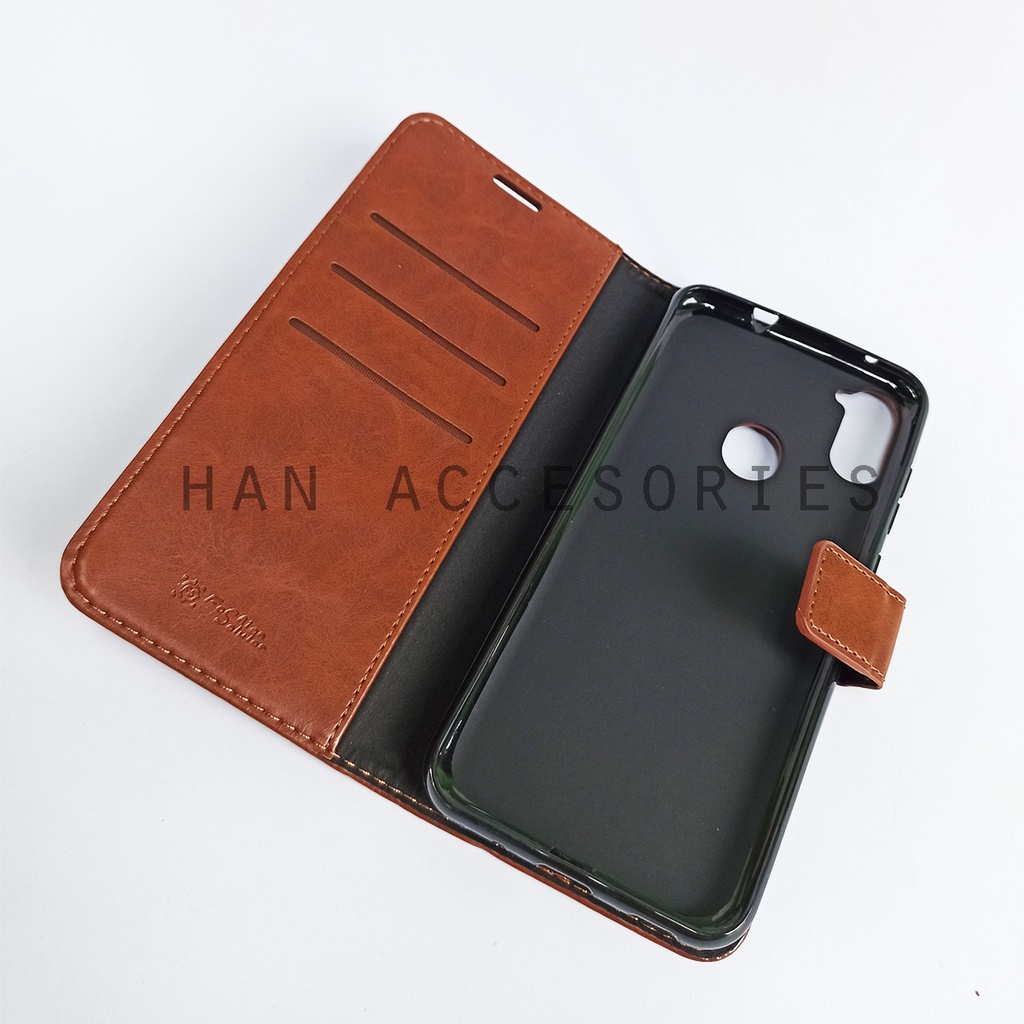 (PAKET HEMAT) Fashion Selular Flip Leather Case Samsung Galaxy A11 Flip Cover Wallet Case Flip Case + Nero Temperred Glass