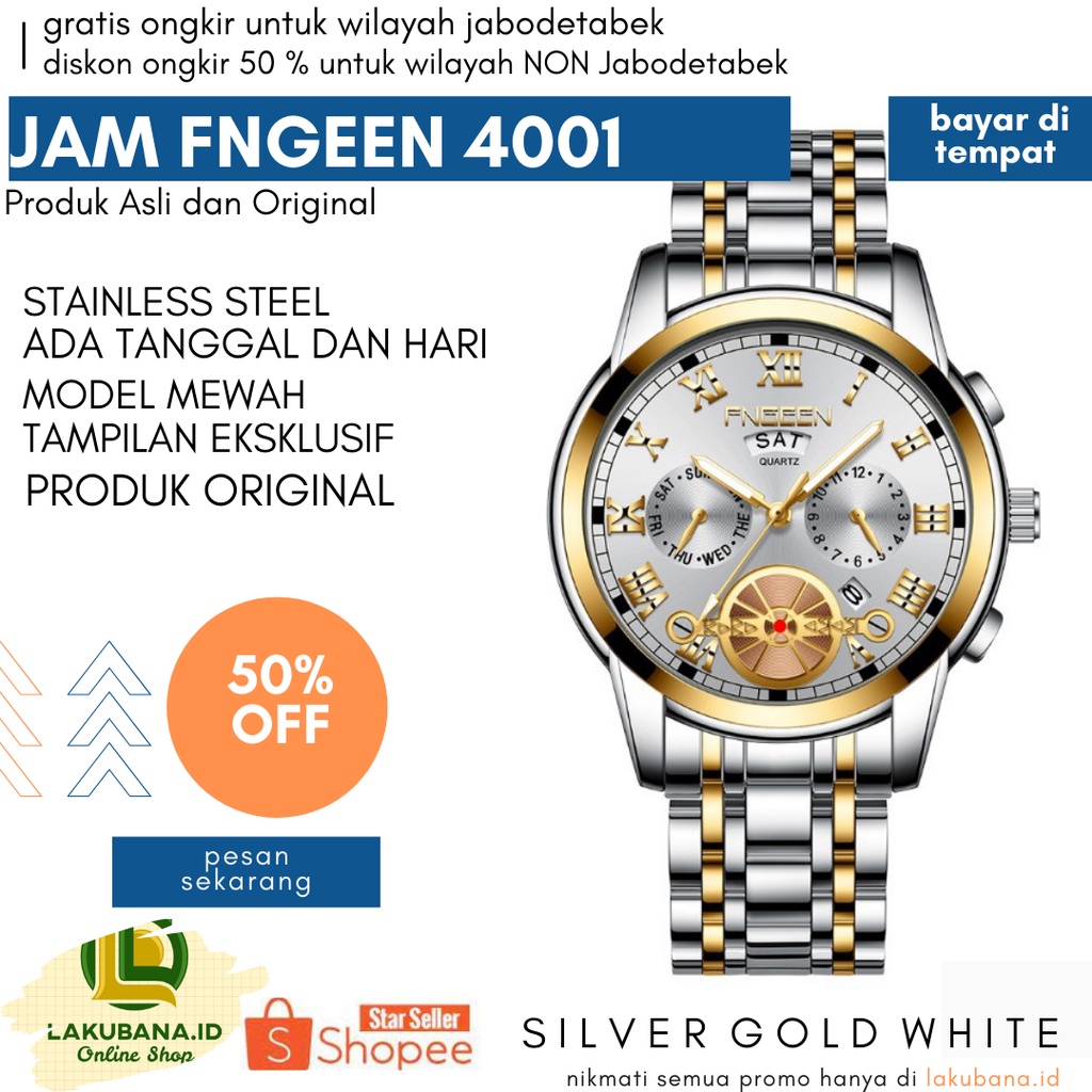 GRATIS ONGKIR / Jam Tangan Pria Fngeen 4001 Silver Gold White