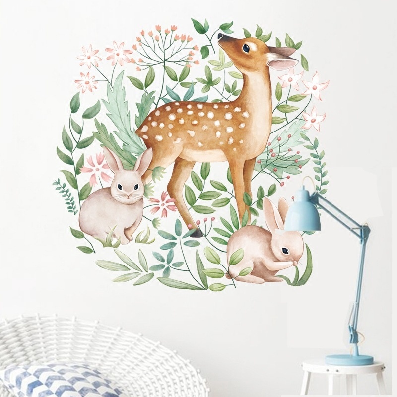 New Waterproof Nordic Style Sika Deer Rabbit Pattern Pvc Wall Stickers for Kids Room Living Room Decoration