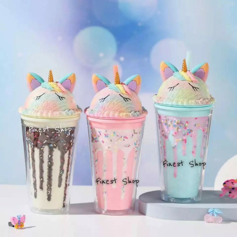 Tumbler Unicorn Gelas GLITTER Sedotan Bubble Rainbow Sparkle Blink Kristal Unik Double Wall Cup Glass Tempat Minum Hologram Design Gelas Lampu Unik Light Glass Bottle Straw Cup-Unicorn Es Krim