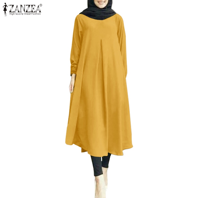 ZANZEA Women Solid Color Casual Button Cuffs Muslim Long Dress