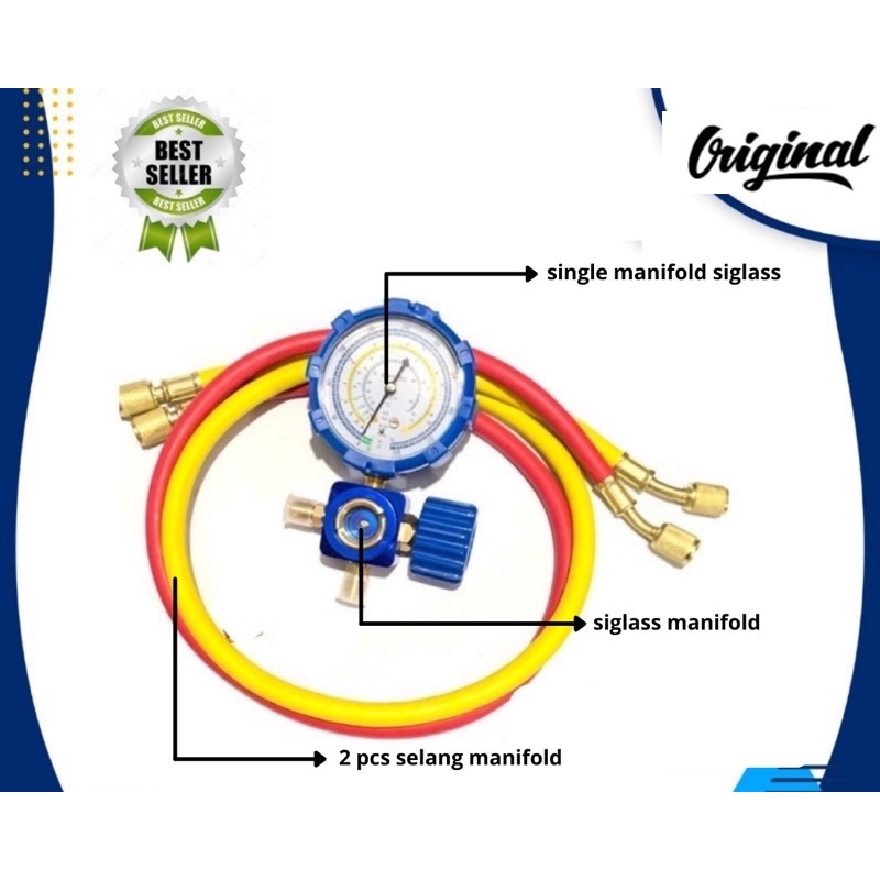 paket manifold single R22 / R134 / R407 / R404 sighglass include selang ( manifold single siglass )