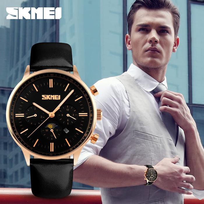 Promo Jam Tangan Pria Cowok Original Asli Skmei Kulit Tahan Air Casio Rolex - Hitam Terjamin