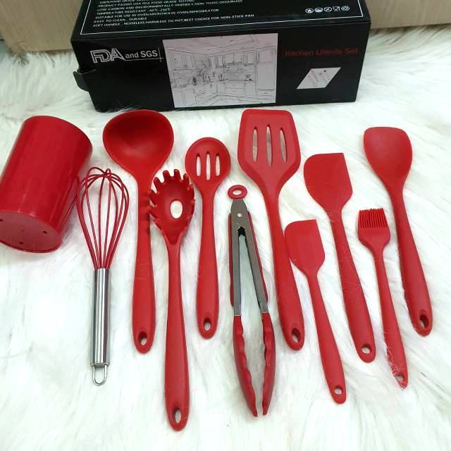 Set spatula isi 10 red sutil kuas whisk sodet tongs capit centong tahan panas food grade with gelas