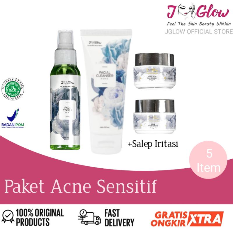 Jglow Skincare Paket Acne Whitening Cream Skin glowing Perawatan Wajah Berjerawat Beruntusan Bpom-Paket Acne Sensitif