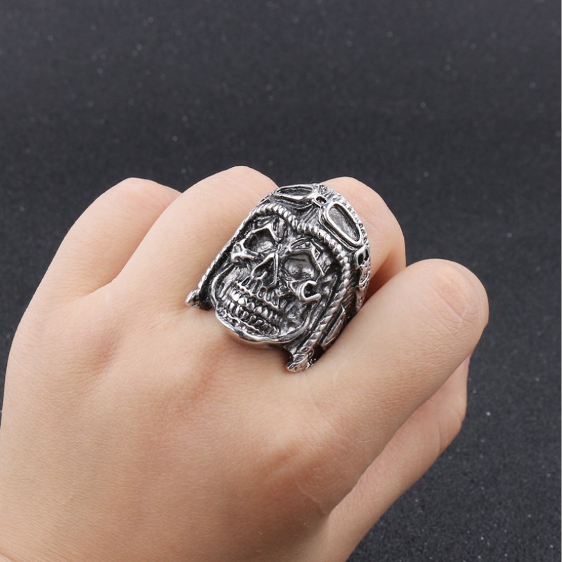SEUSUK  Cincin Desain Tengkorak Pilot Gaya Punk/Gothic/Steampunk/Vintage untuk Pria/Wanita cincin