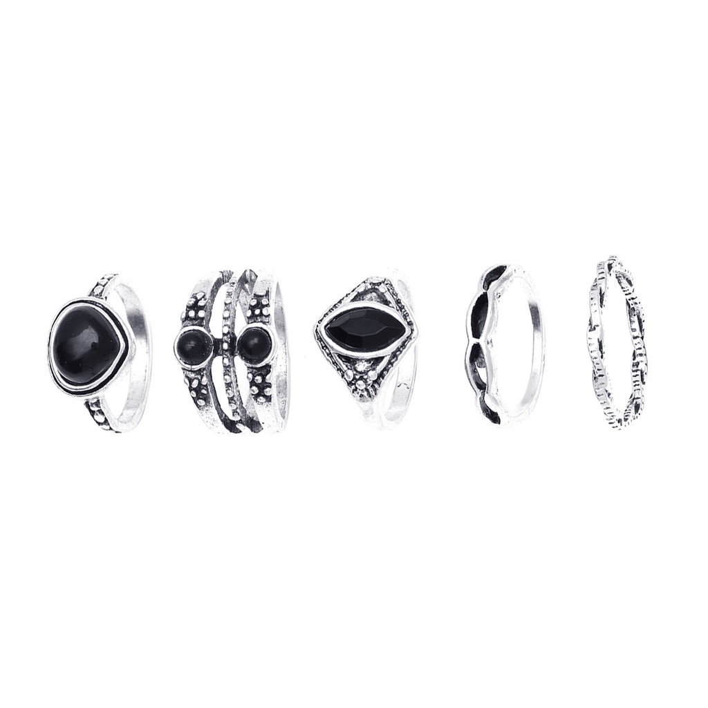 5 Pcs/Cincin Batu Permata Hitam Fashion Antik Set Cincin Gelombang Logam Punk Eropa Dan Amerika