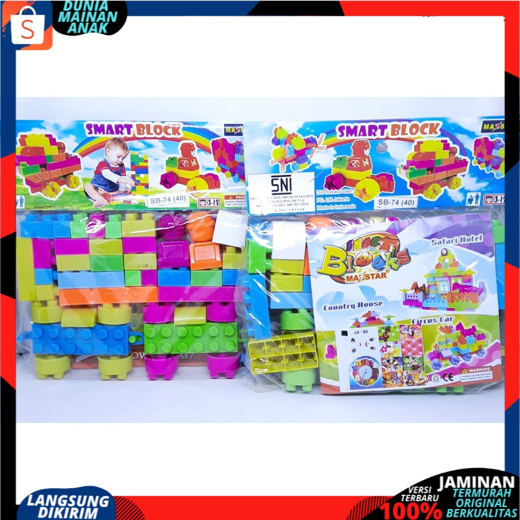 Smart Block Balok Susun 1 PACK ISI 40 PCS Mainan Anak DIY Building Block Bonus Panduan Aneka Bentuk