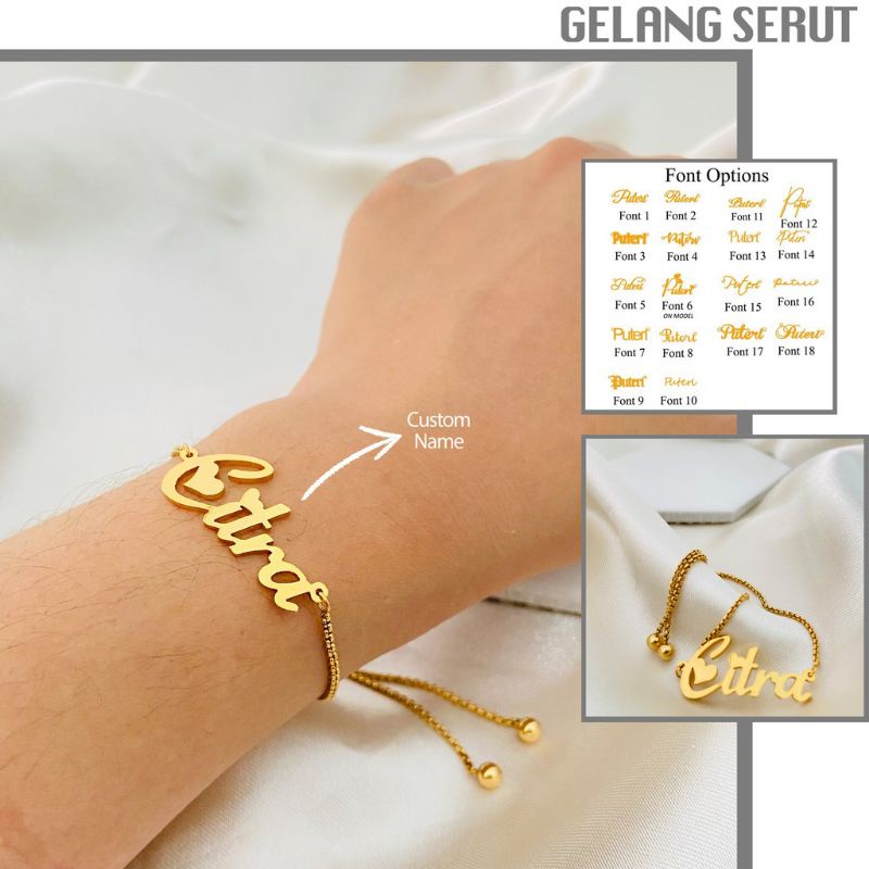 Gelang Serut Titanium Nama Lapis Emas Fashion Wanita Aksesoris Kekinian