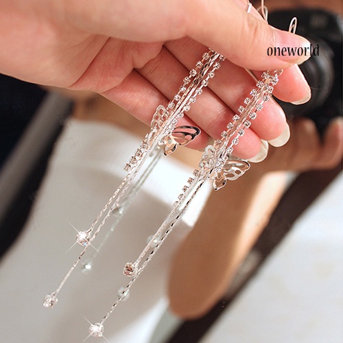 OW@ Women Hollow Butterfly Rhinestone Long Tassels Chain Hook Dangle Linear Earrings