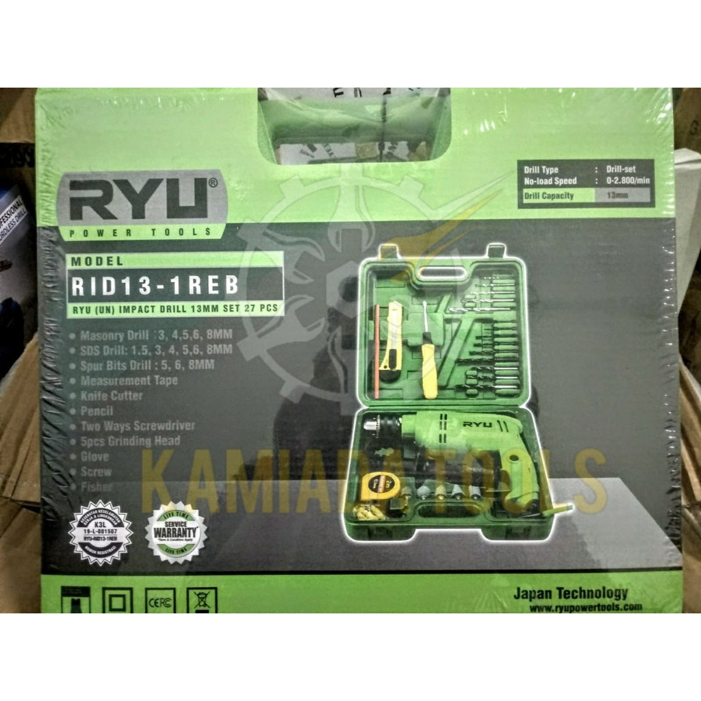 Mesin Bor Impact 13mm RYU RID 13-1REB Set 22 pcs + Koper/ Mesin Bor Beton 13mm RYU Set Koper