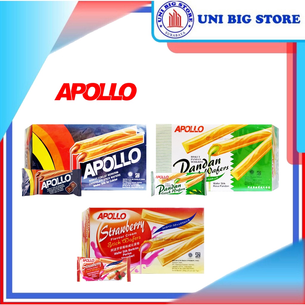 

Apollo Stick Wafer Chocolate Coklat - Strawberry - Pandan 24 pcs x 11 gr BOX